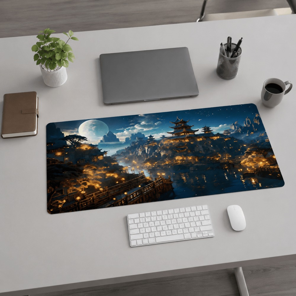 Desk Setup Simple - Alas meja memanjang dengan motif bulan