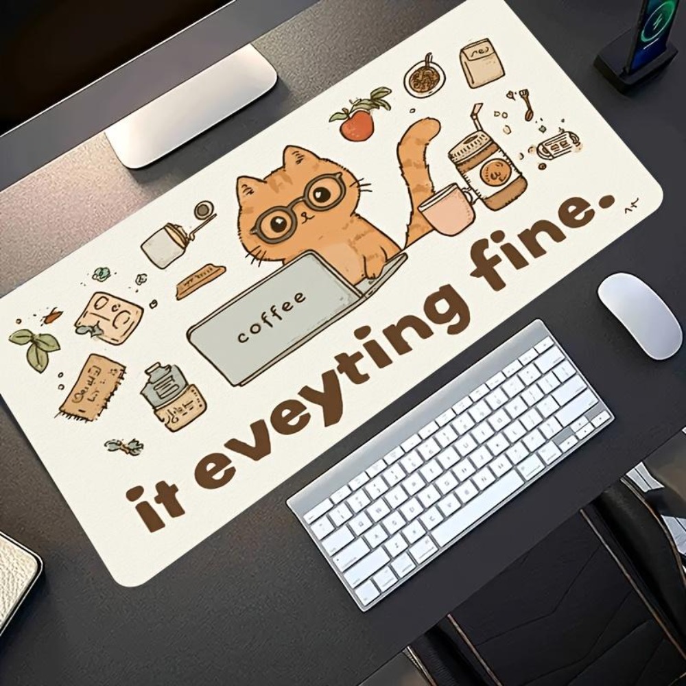 Desk Setup Simple - Pola-pola gambar tangan, kucing oranye berkacamata,